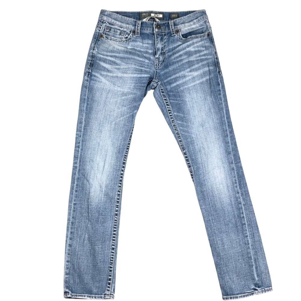 BKE Alec Jeans Mens 28S Light Blue Straight Leg Whisker Contrast Stitch Y2K